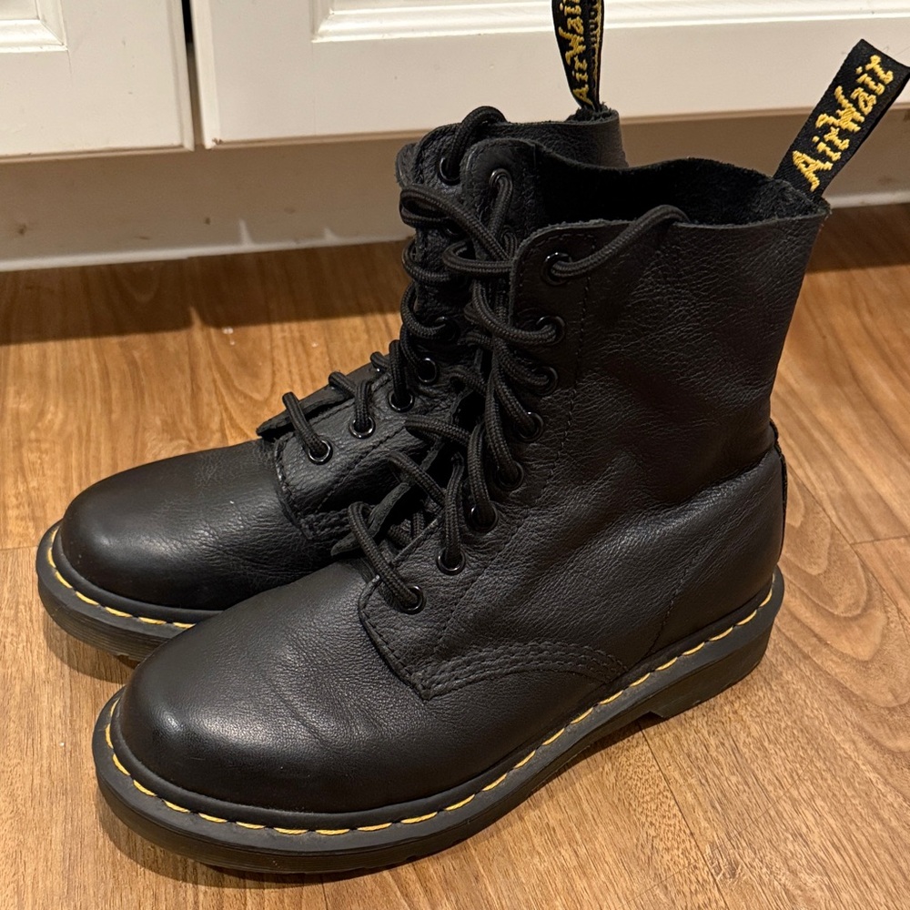 Dr. Martens Pascal Black Leather Boots with Yellow Stitching